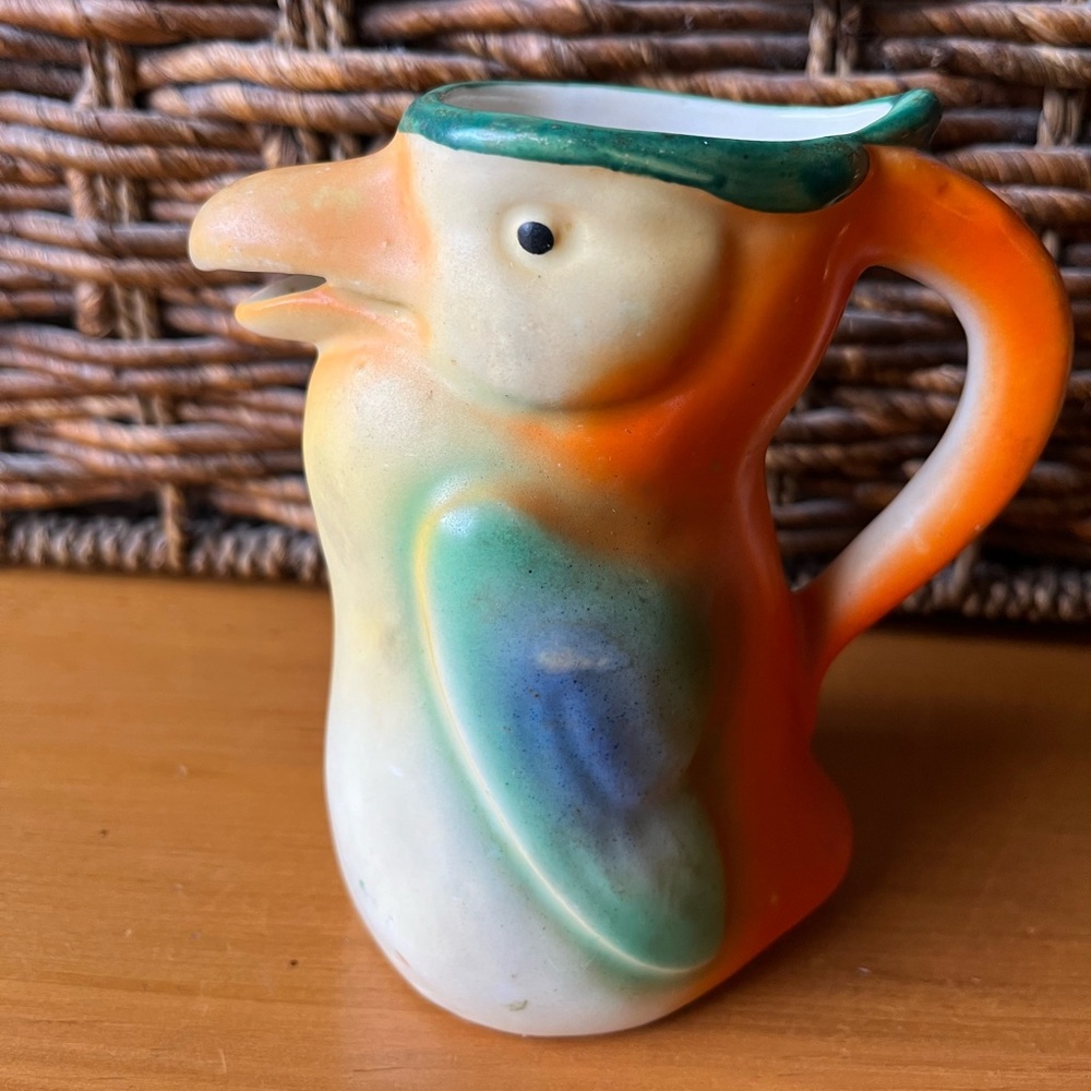Vintage 1940s Pottery Bright Colored Parrot Bird Pitcher-Made in Czechoslovakia